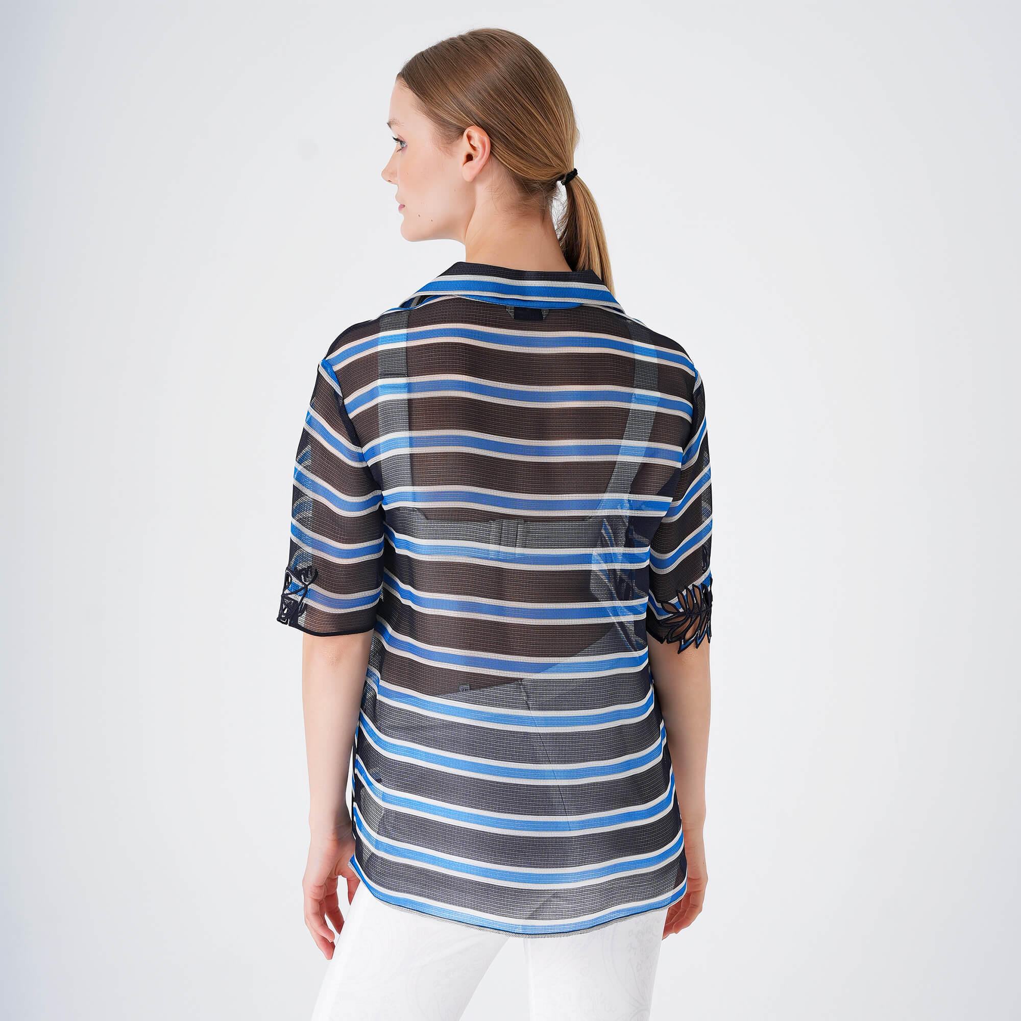 Fendi - Black&Blue&White Stripes Silk Short Sleeved Shirt